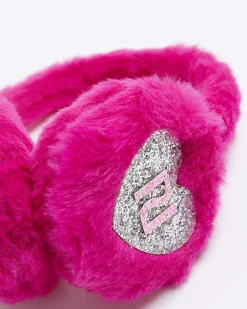 Pink Girls heart faux fur glitter RI earmuffs