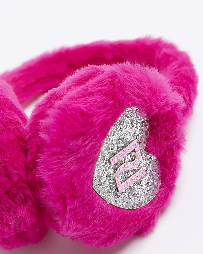 Pink Girls heart faux fur glitter RI earmuffs