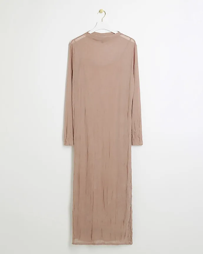 Pink mesh long sleeve bodycon midi dress