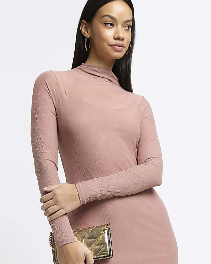Pink mesh long sleeve bodycon midi dress
