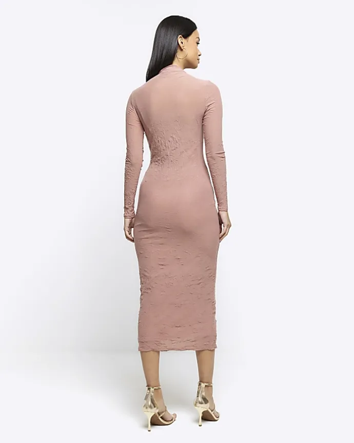 Pink mesh long sleeve bodycon midi dress