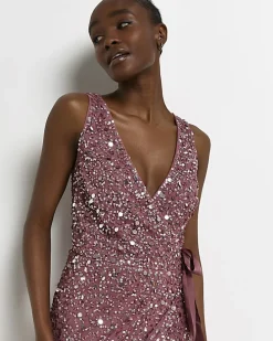 Pink Sequin Wrap Midi Dress