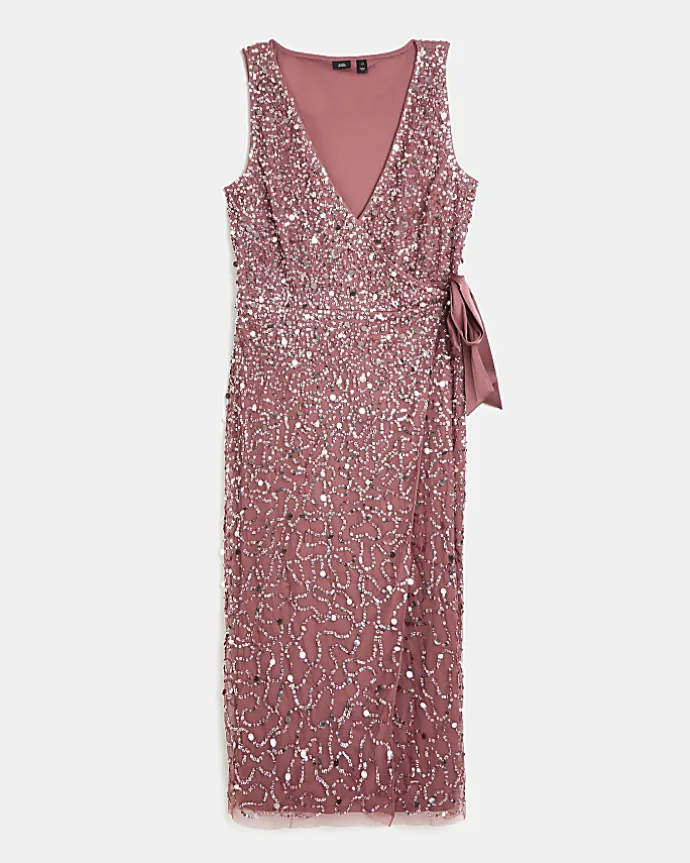 Pink Sequin Wrap Midi Dress