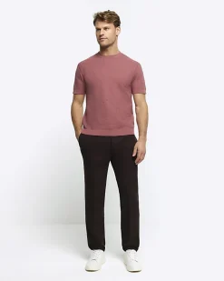 Pink slim fit textured knit t-shirt