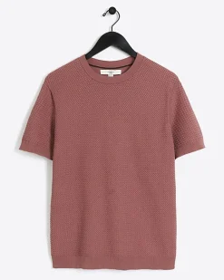 Pink slim fit textured knit t-shirt