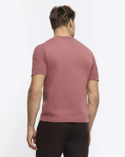 Pink slim fit textured knit t-shirt