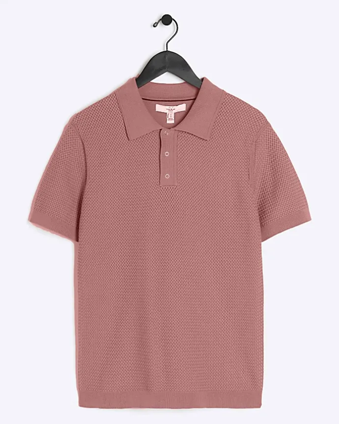 Pink slim fit textured knit polo