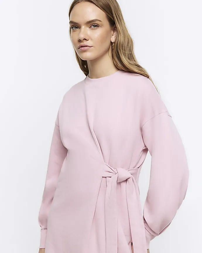 Pink tie side sweatshirt mini dress