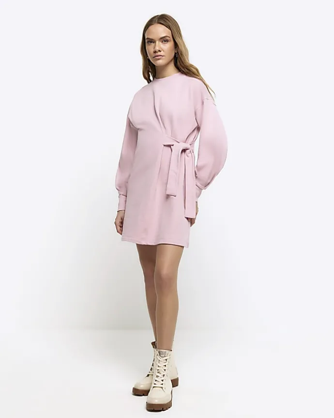 Pink tie side sweatshirt mini dress
