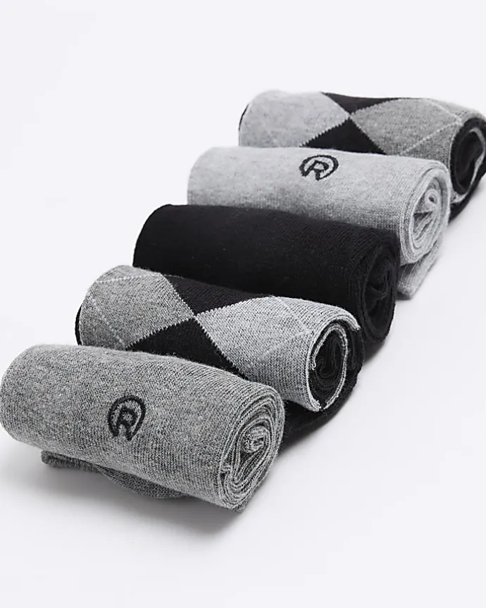 5PK Black argyle ankle socks
