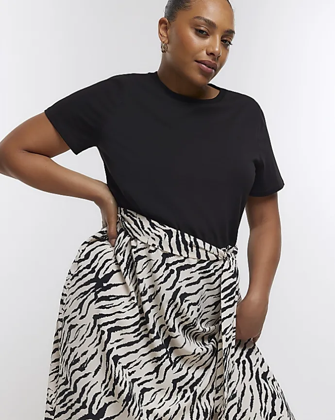 Plus black animal print t-shirt midi dress