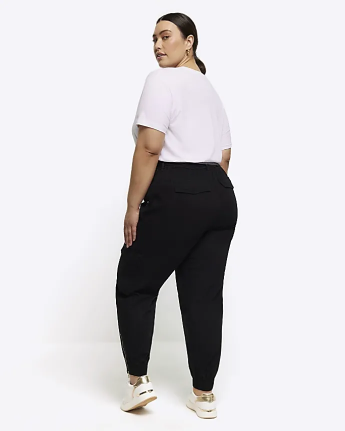 Plus black belted utility cargo trousers