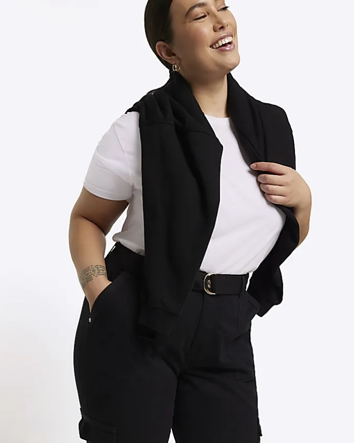 Plus black belted utility cargo trousers