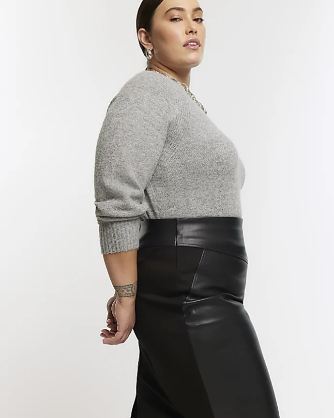 Plus black faux leather midi skirt