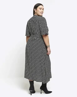 Plus black geometric belted midi shirt dress