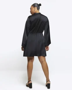 Plus black satin long sleeve mini dress