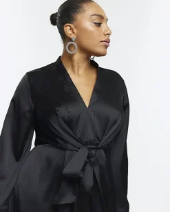 Plus black satin long sleeve mini dress