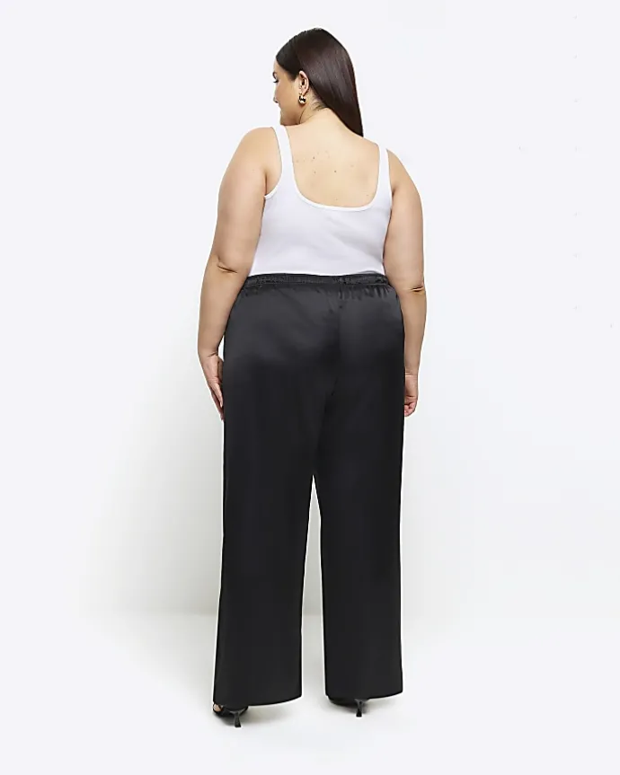 Plus black satin wide leg trousers