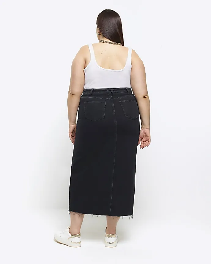 Plus black split hem denim midi skirt