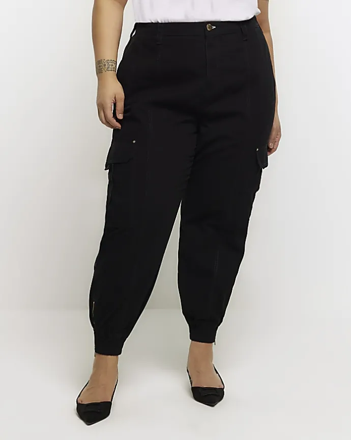 Plus black zip cuffed cargo trousers