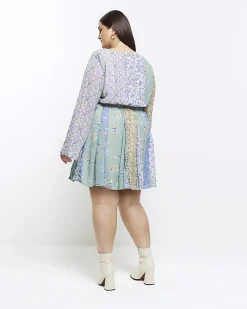 Plus blue patchwork belted shift mini dress