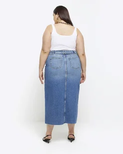 Plus blue split hem denim midi skirt