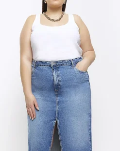 Plus blue split hem denim midi skirt