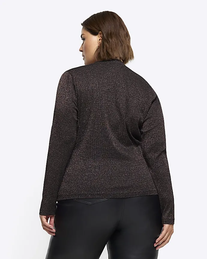Plus bronze rib glitter long sleeve top