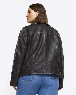 Plus brown leather oversized biker jacket