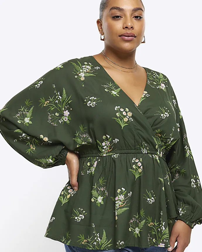 Plus green floral wrap blouse