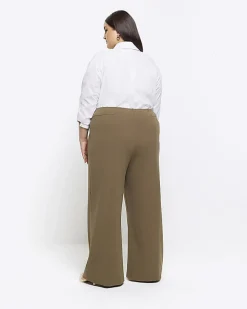 Plus khaki stitched wide leg trousers