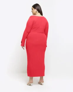 Plus red knit rib jumper maxi dress
