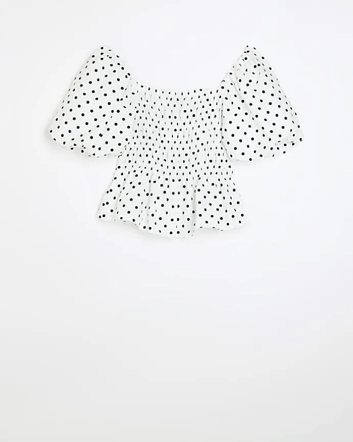 Plus White Polka Dot Shirred Bardot Top