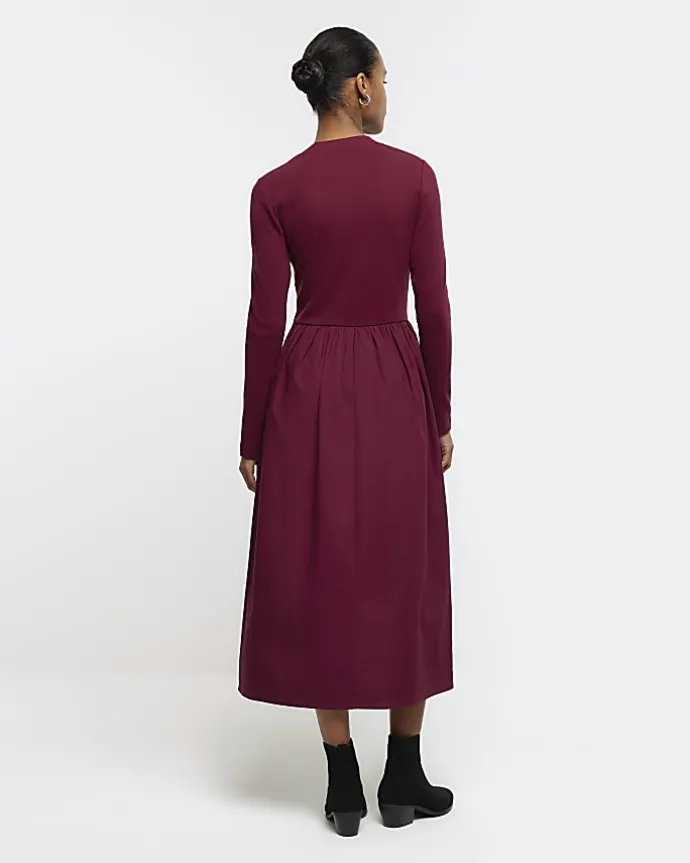 Red rib long sleeve smock midi dress