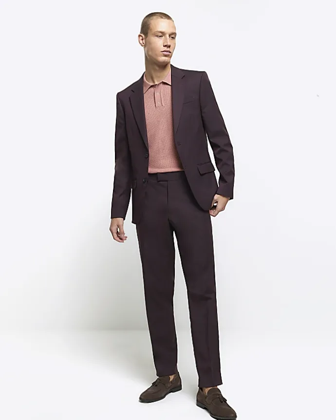 Red slim fit twill suit jacket