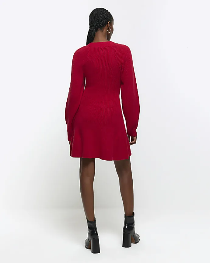 Red square neck jumper mini dress