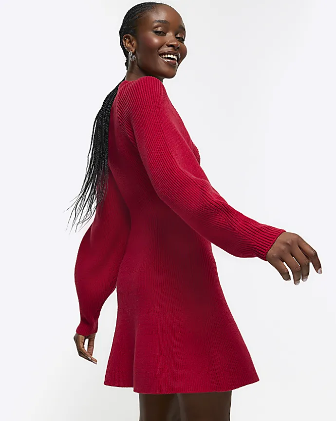 Red square neck jumper mini dress