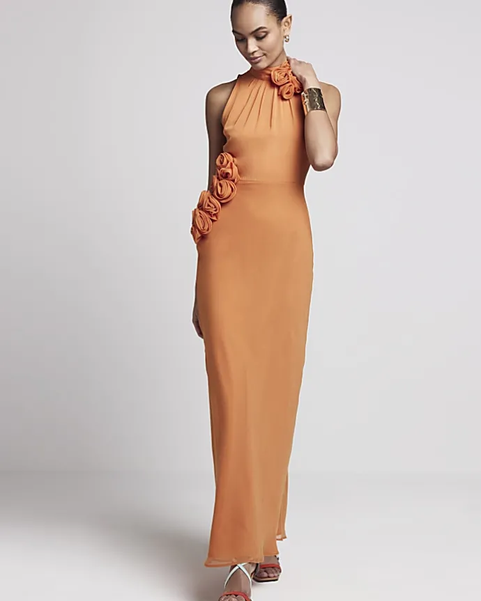 Rust corsage high neck slip maxi dress