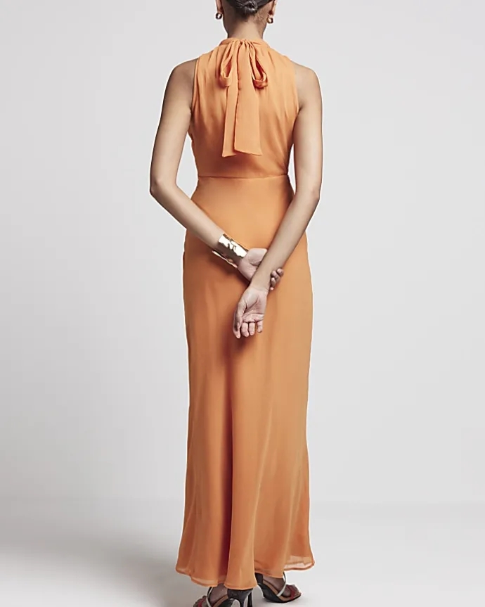 Rust corsage high neck slip maxi dress