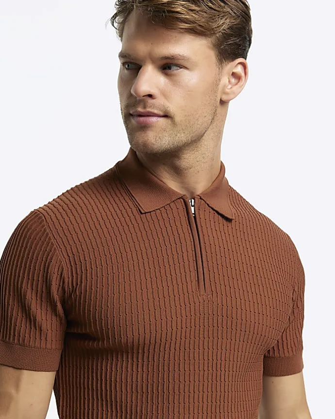 Rust muscle fit knitted half zip polo