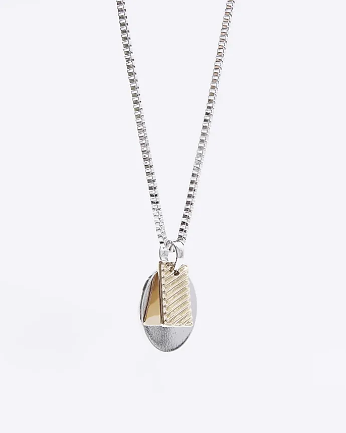 Silver colour tag and disc necklace