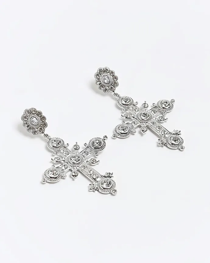 Silver diamante cross drop earrings