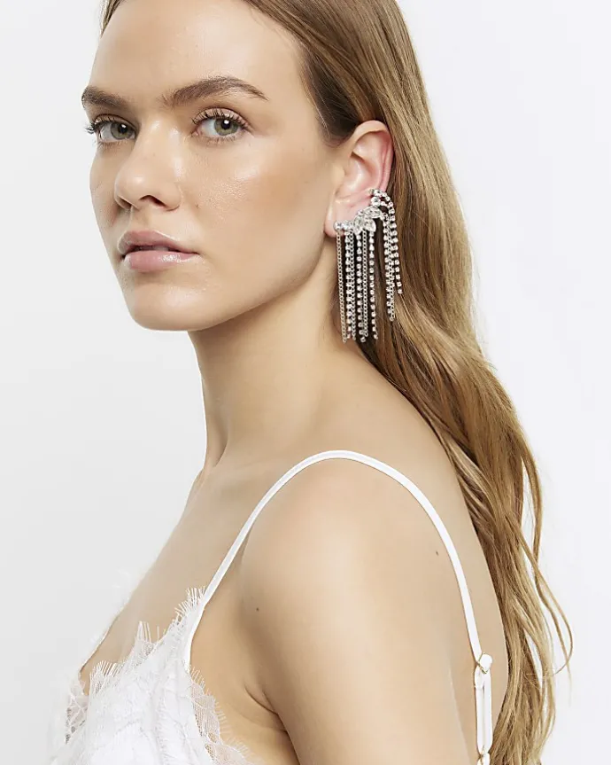 Silver Diamante Drape Ear Climber