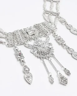 Silver Diamante Drop Choker Necklace