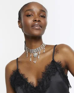 Silver Diamante Drop Choker Necklace