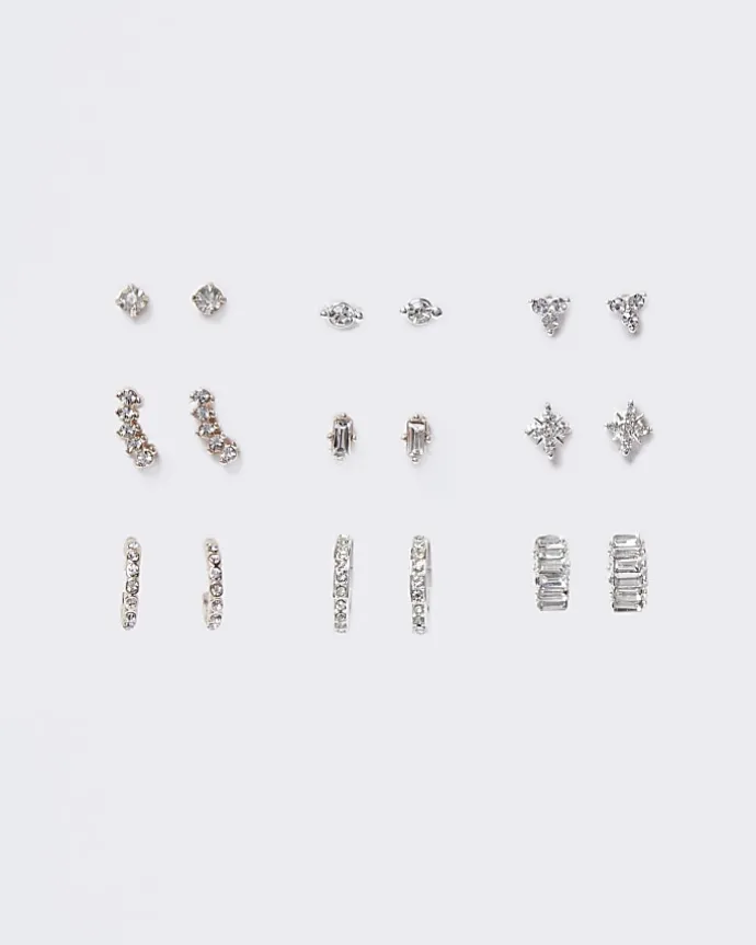 Silver diamante stud and hoop earrings