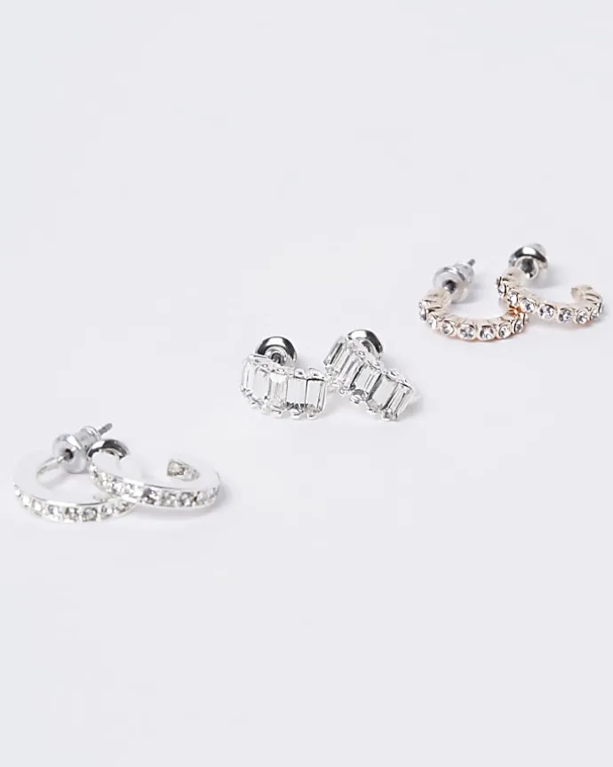 Silver diamante stud and hoop earrings