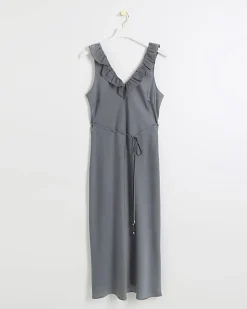 Silver satin frill trim slip midi dress