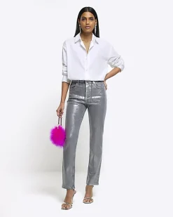 Silver slim straight coated jeans