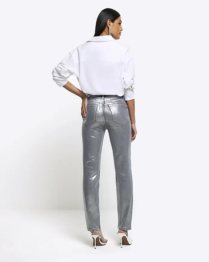 Silver slim straight coated jeans